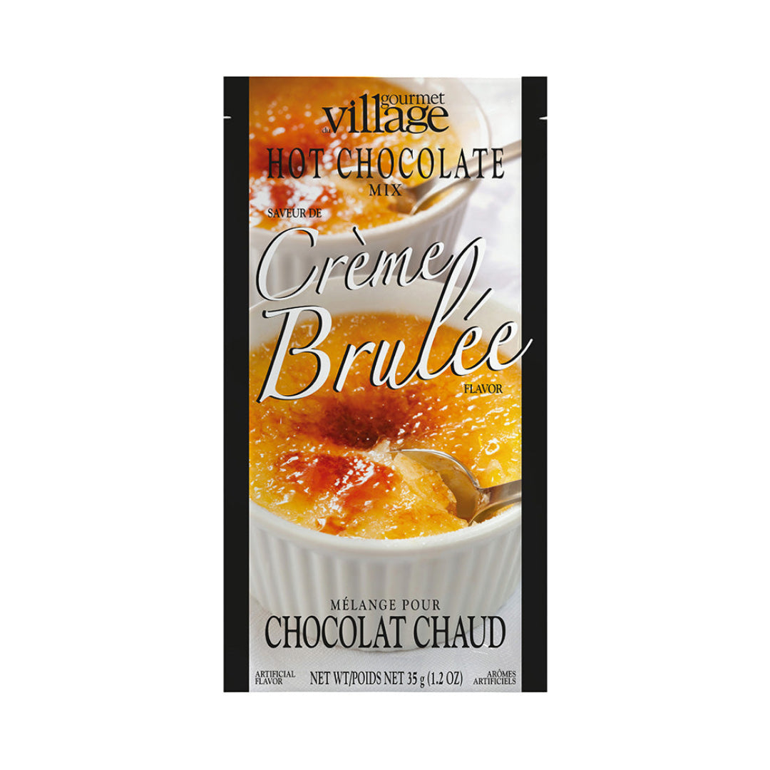 Gourmet Village Crème Brulée hot chocolate mix packaging on a white background