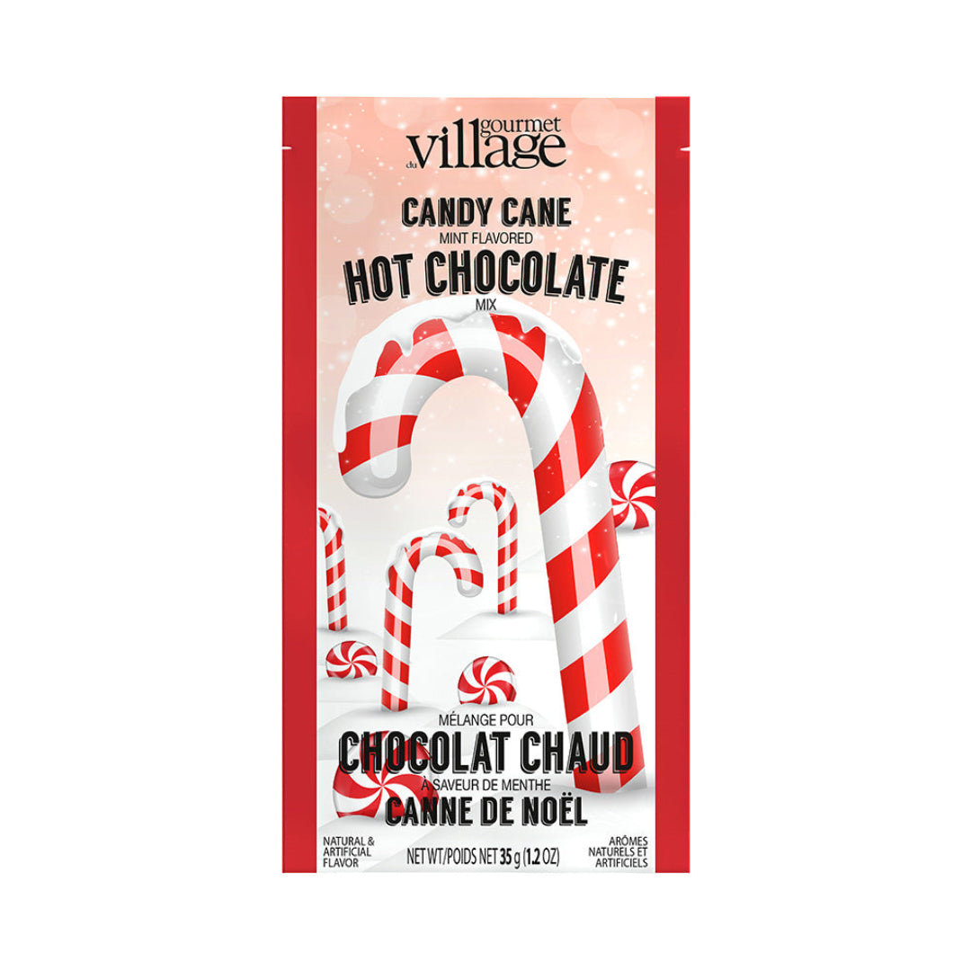 Gourmet Village Candy Cane Hot Chocolate Mix packaging on a white background