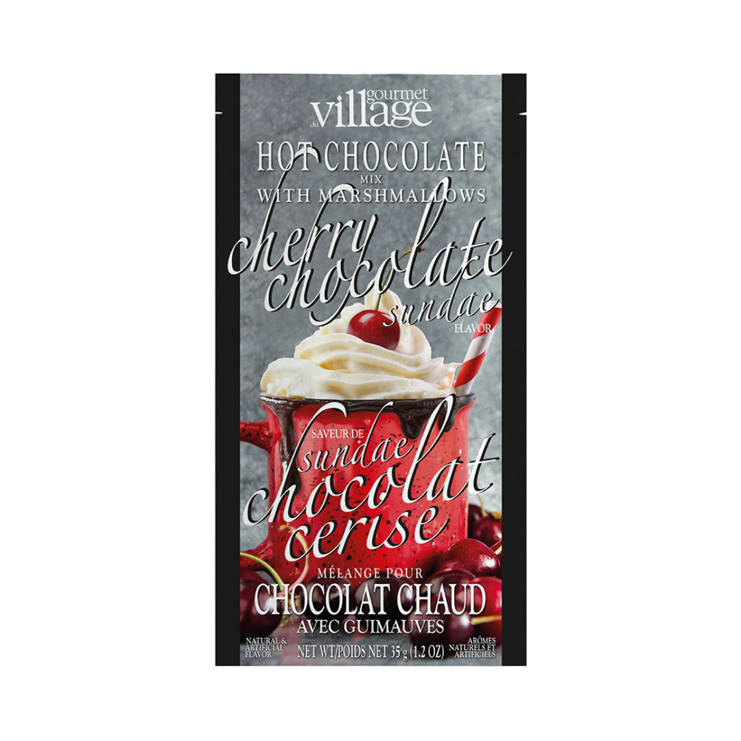 Gourmet Village hot chocolate mix packaging with cherry chocolate sundae design.