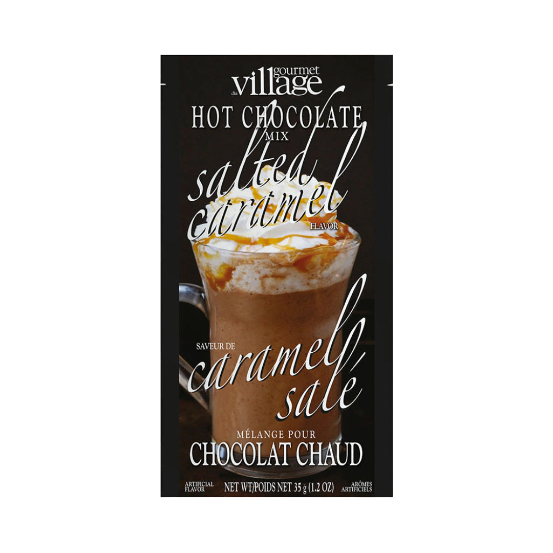 Gourmet Village salted caramel hot chocolate mix packaging on a white background