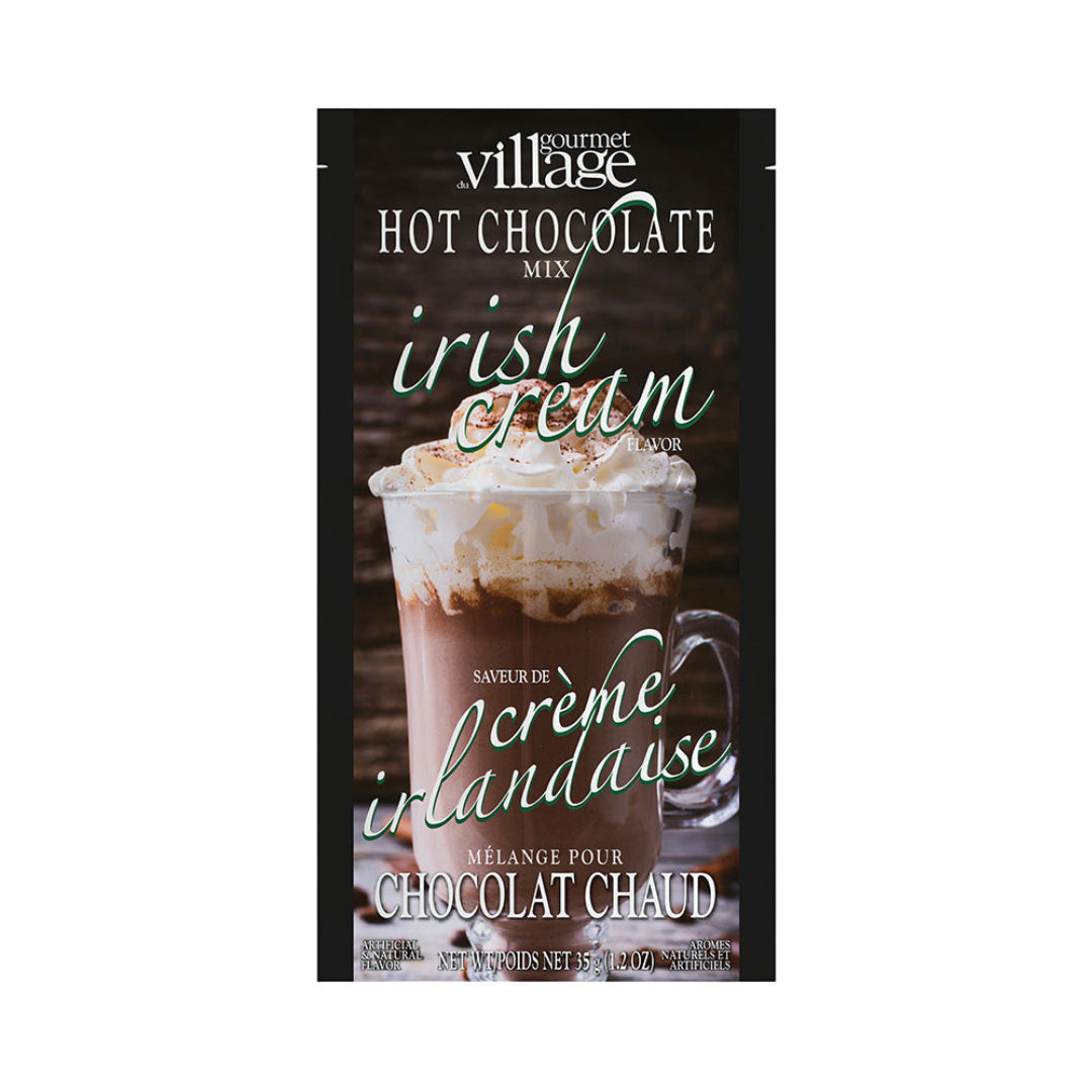 Gourmet Village Irish Cream hot chocolate mix packaging on a white background