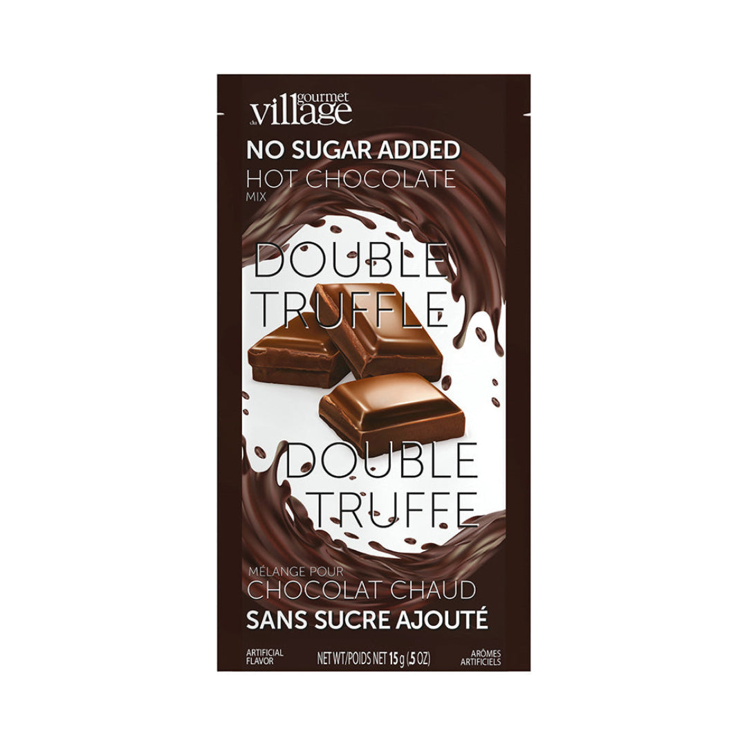 Gourmet Village Double Truffle no sugar added hot chocolate mix packaging on a white background
