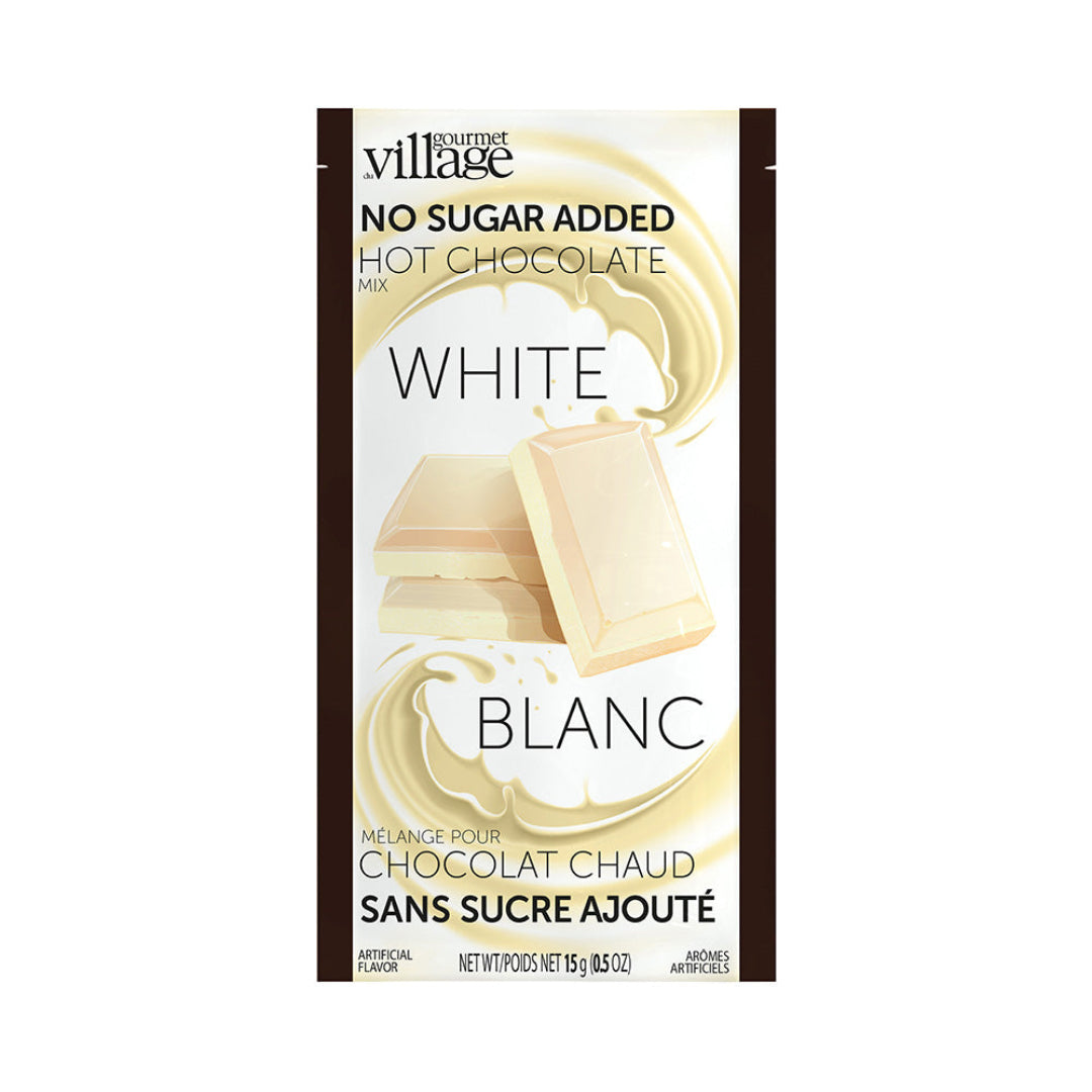 Gourmet Village No Sugar Added White Hot Chocolate Mix packaging on a white background