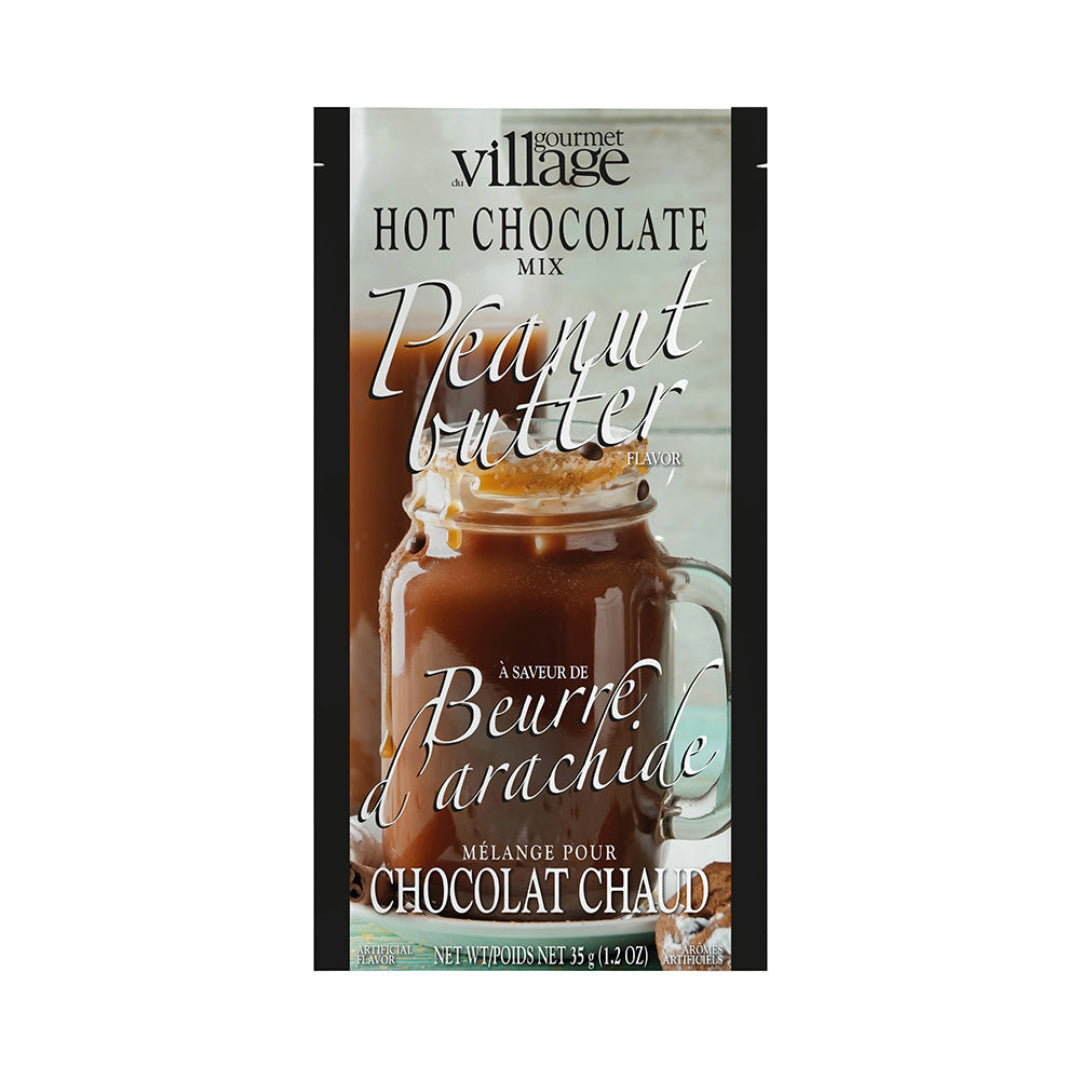 Gourmet Village Peanut Butter hot chocolate mix packaging on a white background