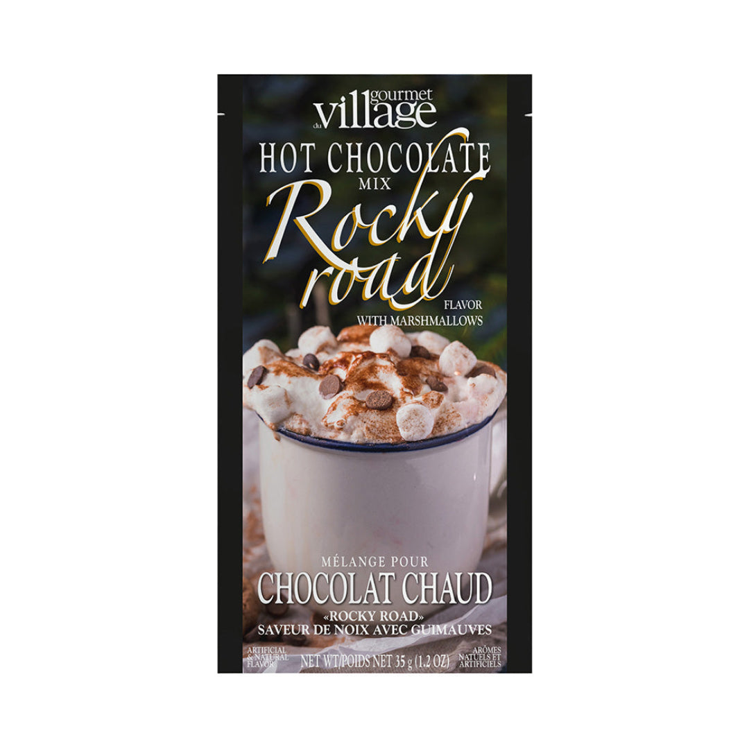 Gourmet Village Rocky Road hot chocolate mix packaging with a cup of hot chocolate and marshmallows.