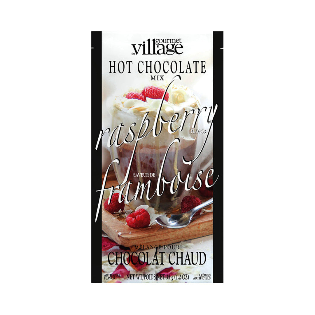 Village Hot Chocolate Mix packaging with raspberry flavor on a white background