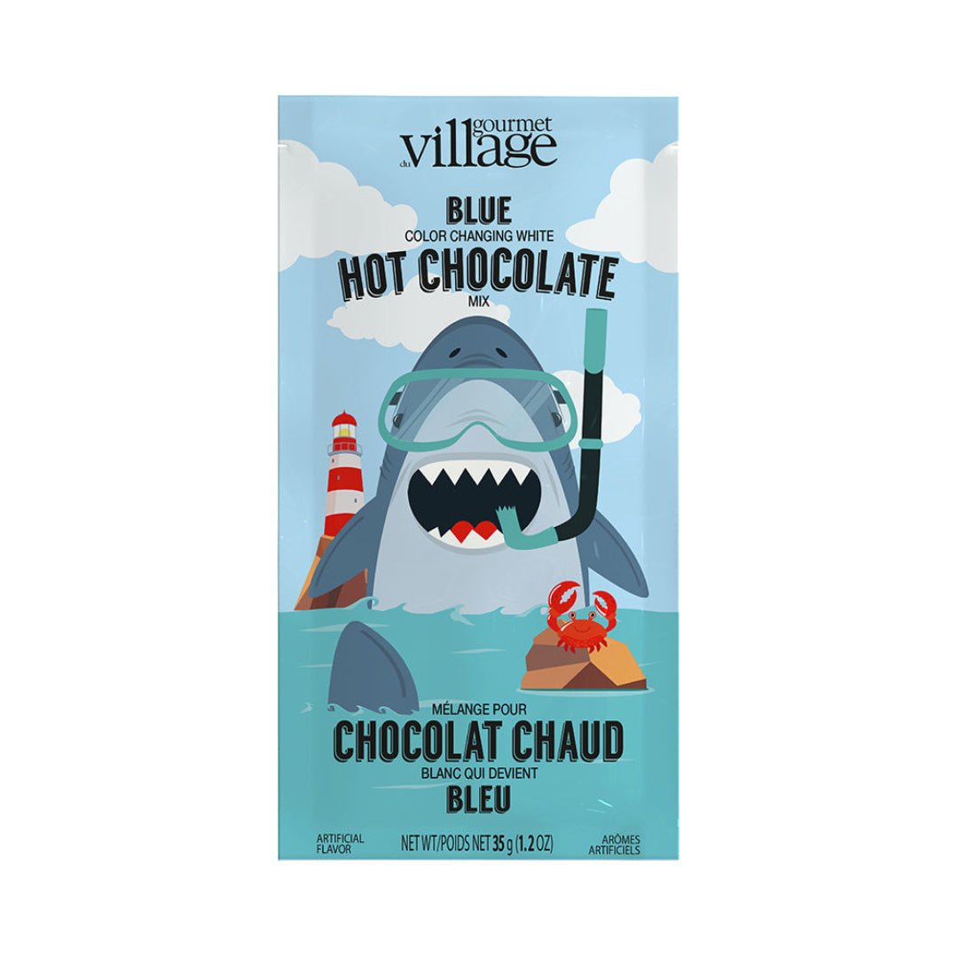 Gourmet Village blue hot chocolate mix packaging with shark illustration