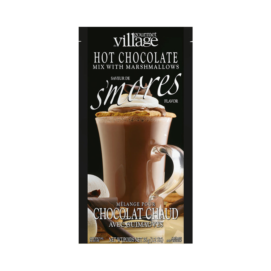 Gourmet Village hot chocolate mix packaging with a s'mores flavor, featuring a mug of hot chocolate and marshmallows on a white background.