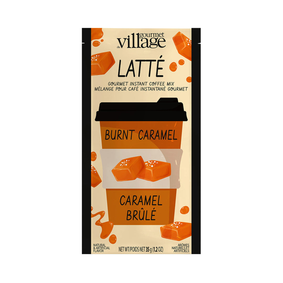 Gourmet Village Latté Burnt Caramel coffee mix package on a white background