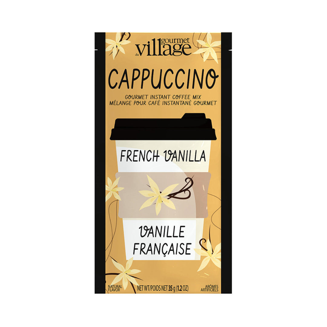 Gourmet Village Cappuccino French Vanilla instant coffee mix package on a white background