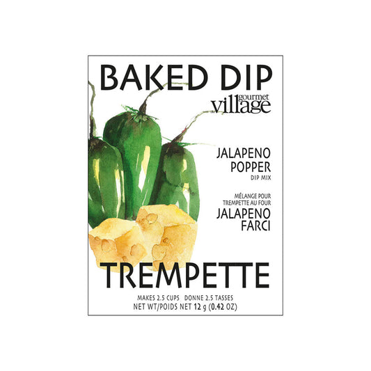 Baked Dip Village Gourmet Jalapeno Popper dip mix packaging with jalapenos on a white background