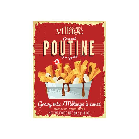Gourmet Village Poutine gravy mix packaging on a white background