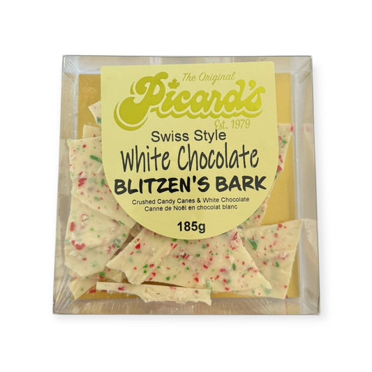 Packaged white chocolate blitzen's bark with Picard's branding on a white background
