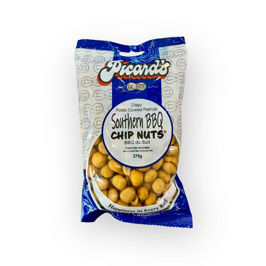 Packaged snack of Southern BBQ Chip Nuts with blue and white label on a white background