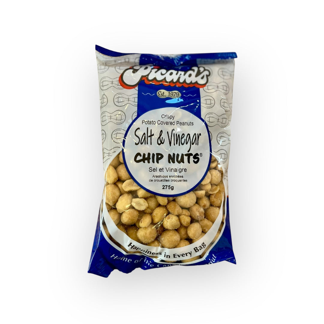 Packaged salt and vinegar chip nuts with a visible brand logo on a white background