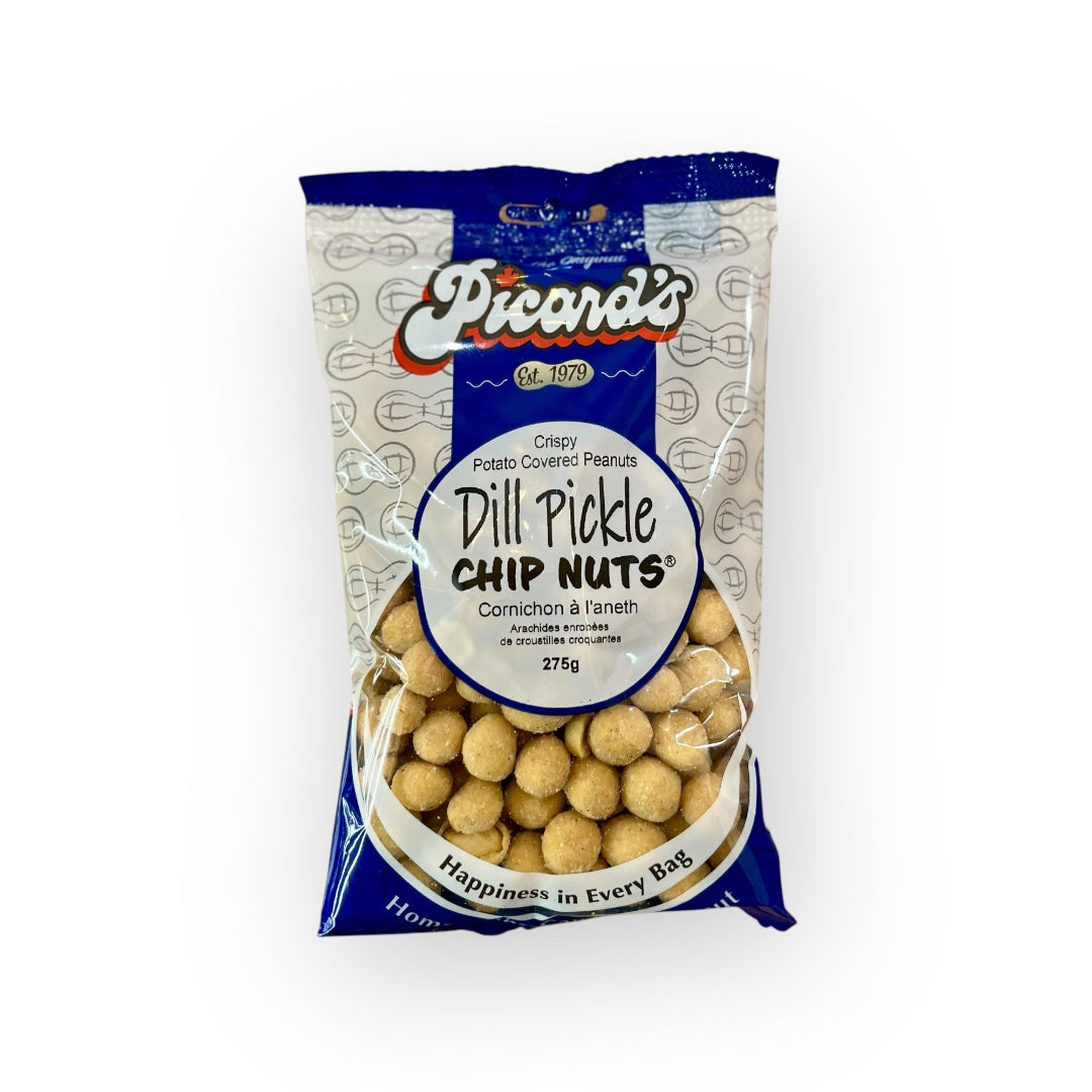 Packaged dill pickle chip nuts with Picard's branding on a white background