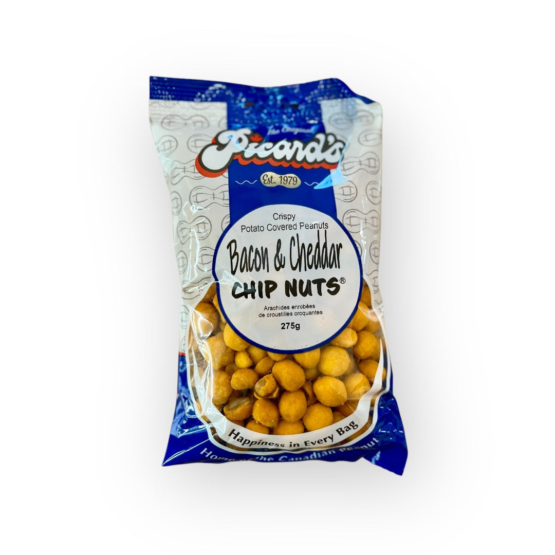 Packaged bacon and cheddar chip nuts with Picard's branding on a white background