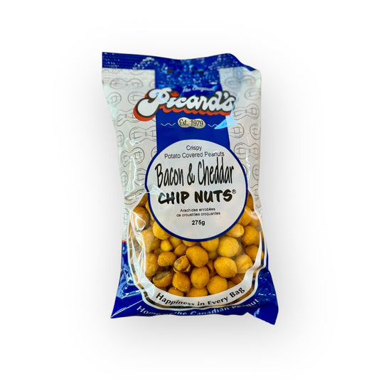 Packaged bacon and cheddar chip nuts with Picard's branding on a white background