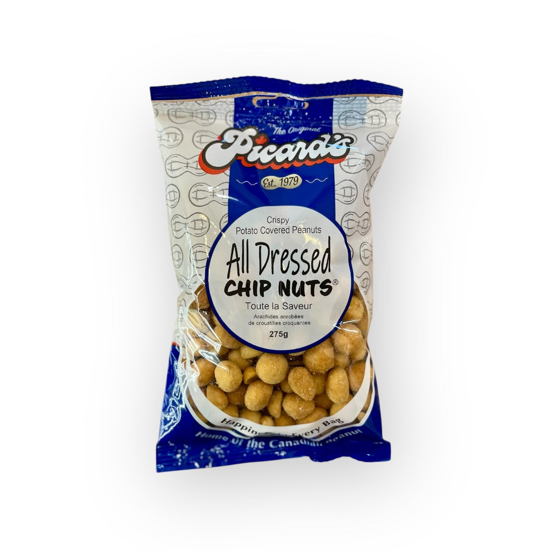 Packaged snack of 'All Dressed Chip Nuts' by Ricardo on a white background