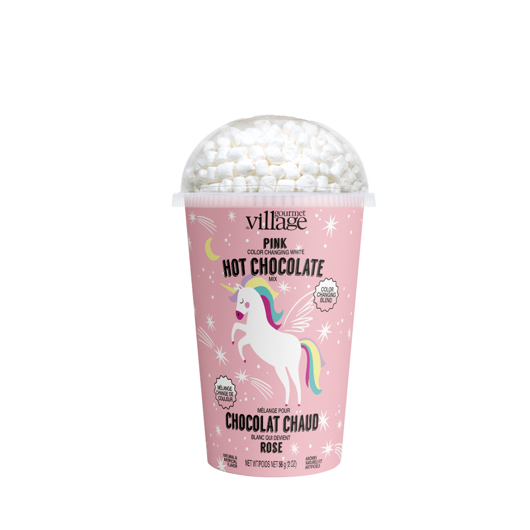 Pink hot chocolate mix with unicorn design on a white background