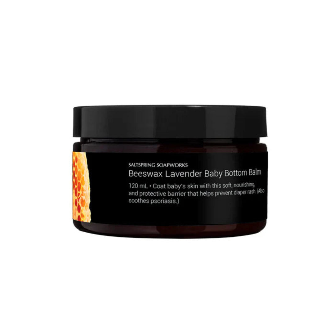 Black jar of Saltspring Soapworks Beeswax Lavender Baby Bottom Balm on a white background