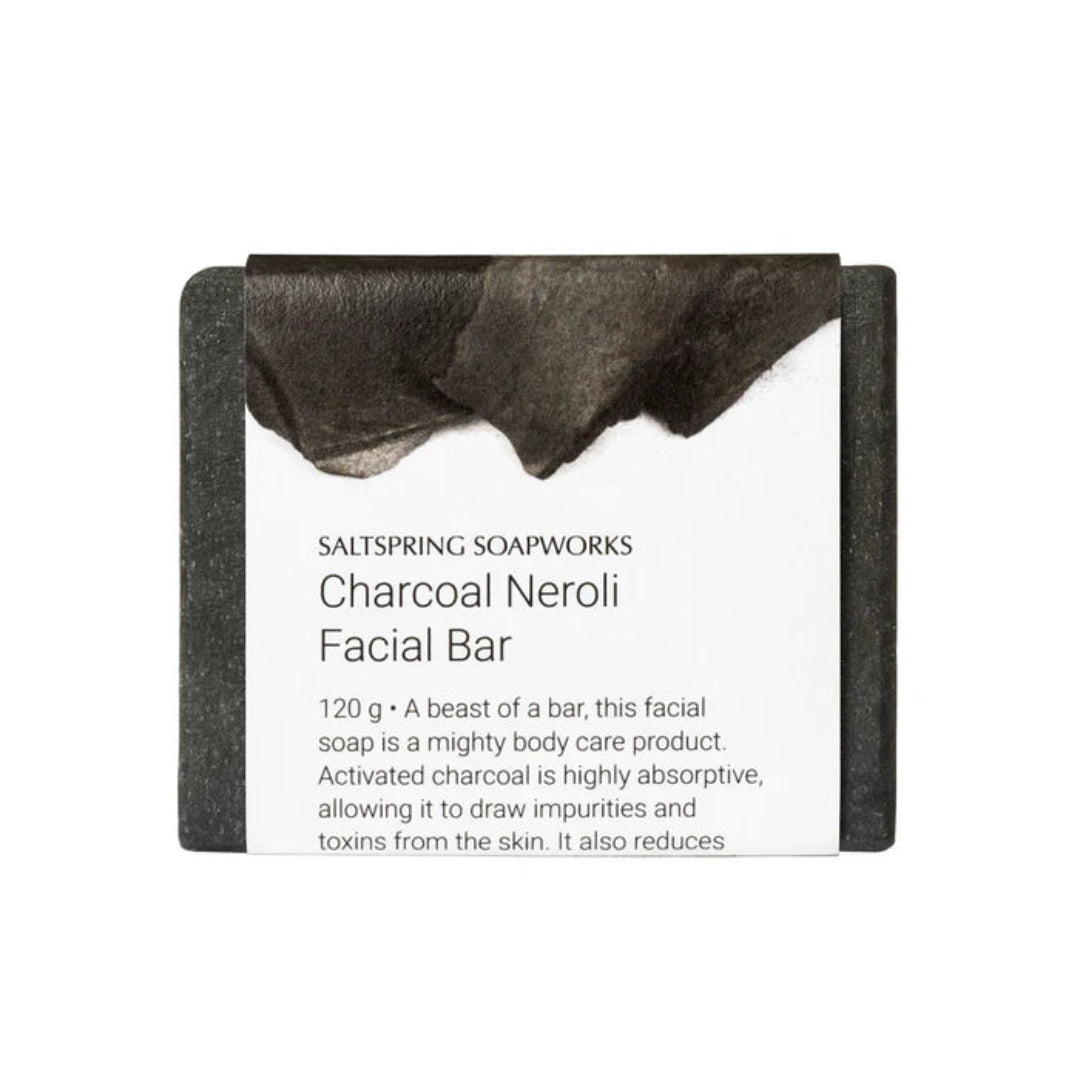Charcoal Neroli facial bar from Saltspring Soapworks on a white background