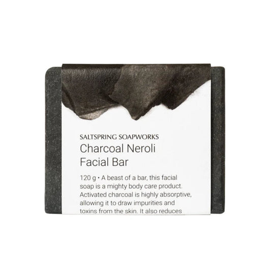 Charcoal Neroli facial bar from Saltspring Soapworks on a white background