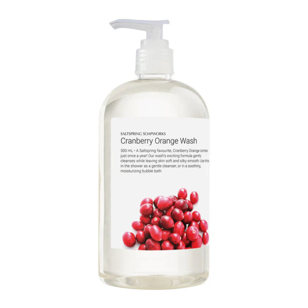 Bottle of Cranberry Orange Wash with pump on a white background