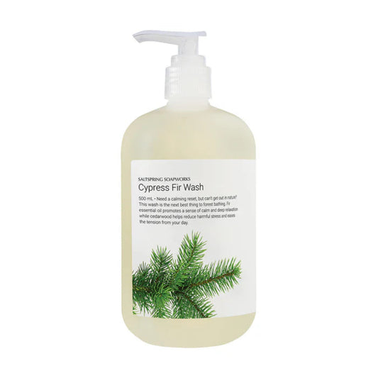 Bottle of Cypress Fir Wash with a label and pump on a white background
