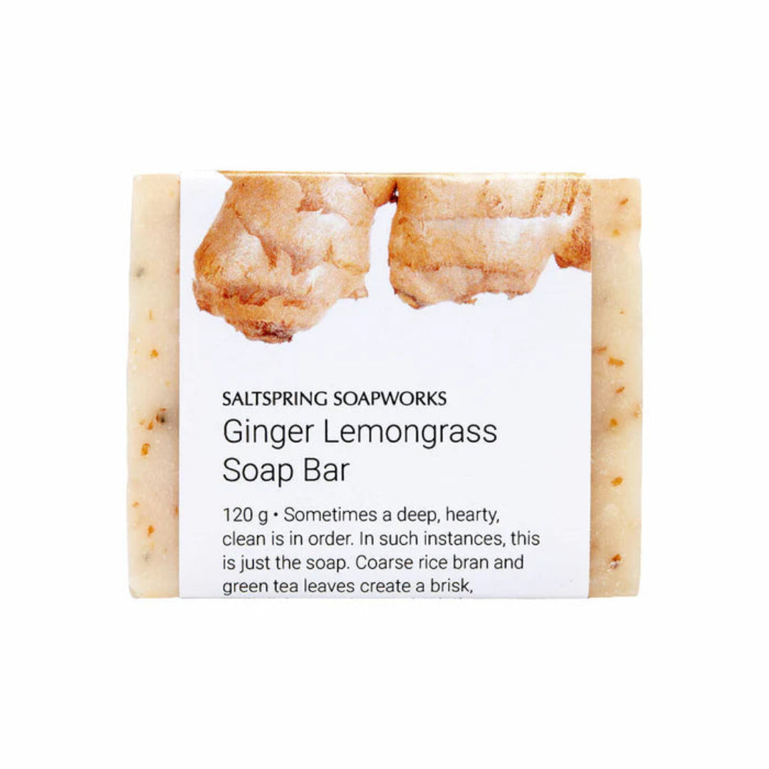 Ginger Lemongrass soap bar with packaging on a white background