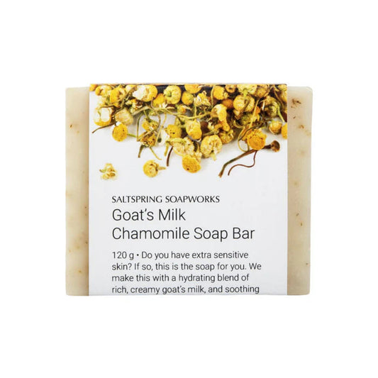 Goat's Milk Chamomile Soap Bar with Saltspring Soapworks label on a white background