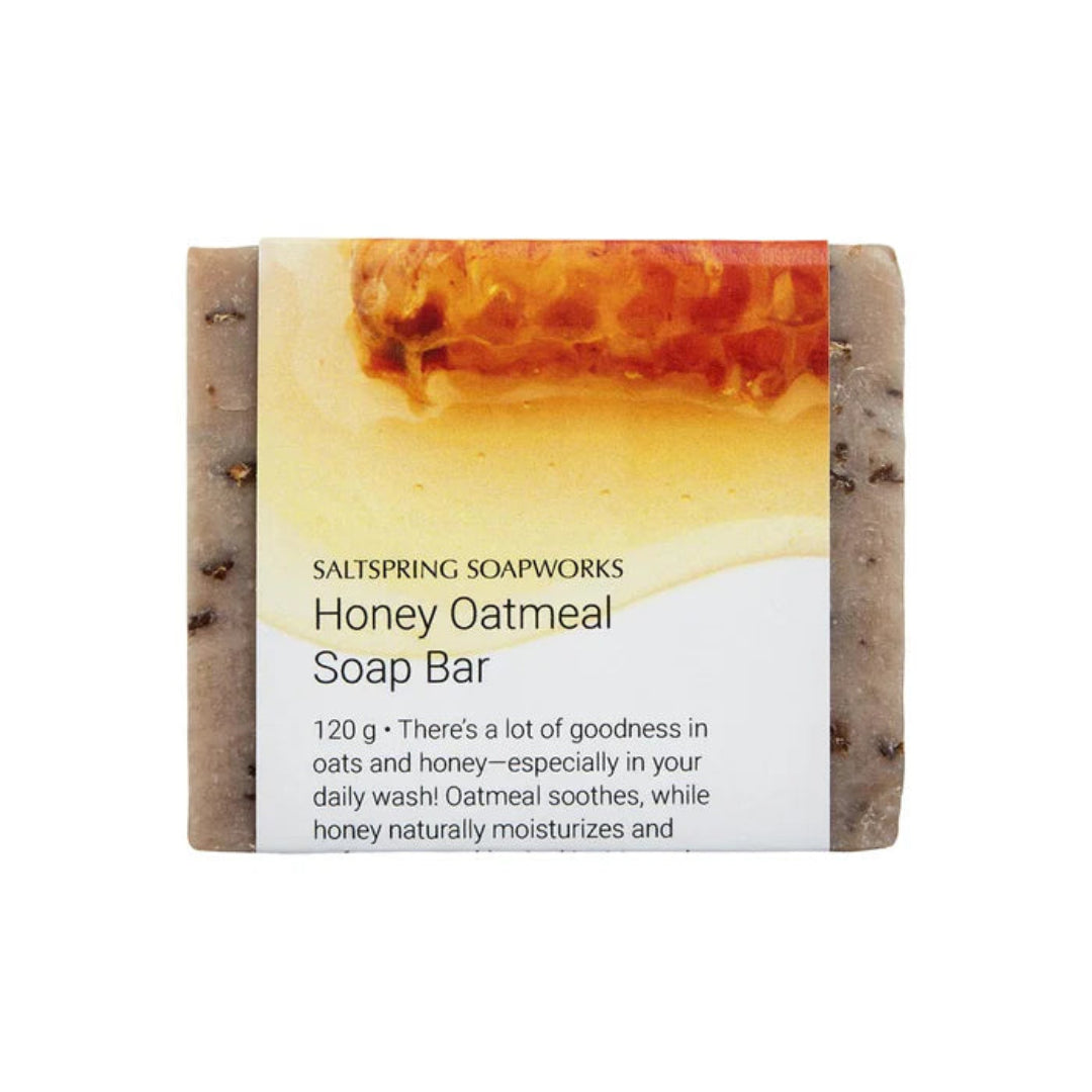 Honey oatmeal soap bar with a label on a white background