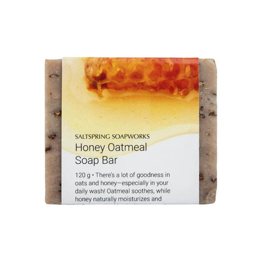Honey oatmeal soap bar with a label on a white background
