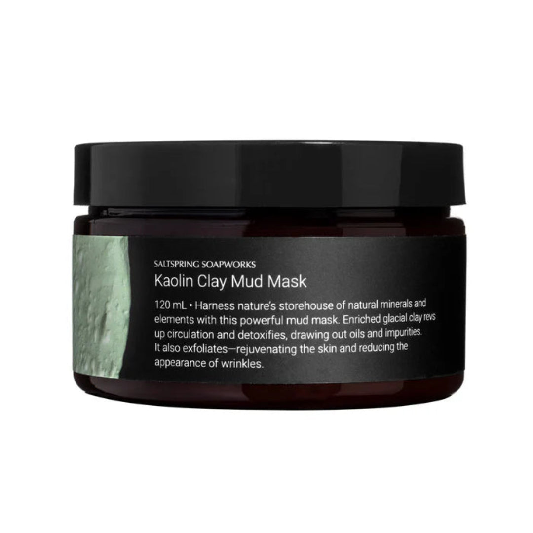 Jar of Kaolin Clay Mud Mask with black lid and green label on a white background