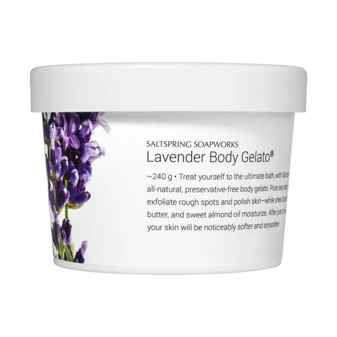 Lavender body gelato container with label on a white background