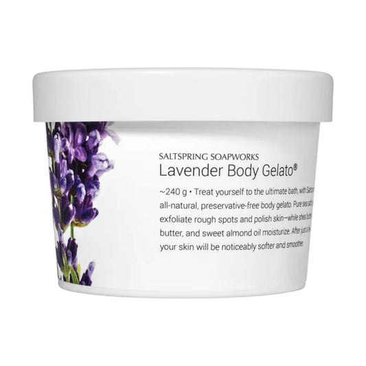 Lavender body gelato container with label on a white background