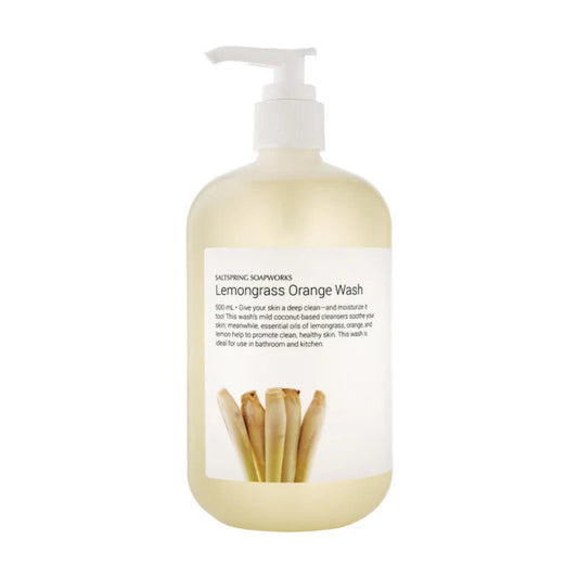 Bottle of Lemongrass Orange Wash with pump on a white background