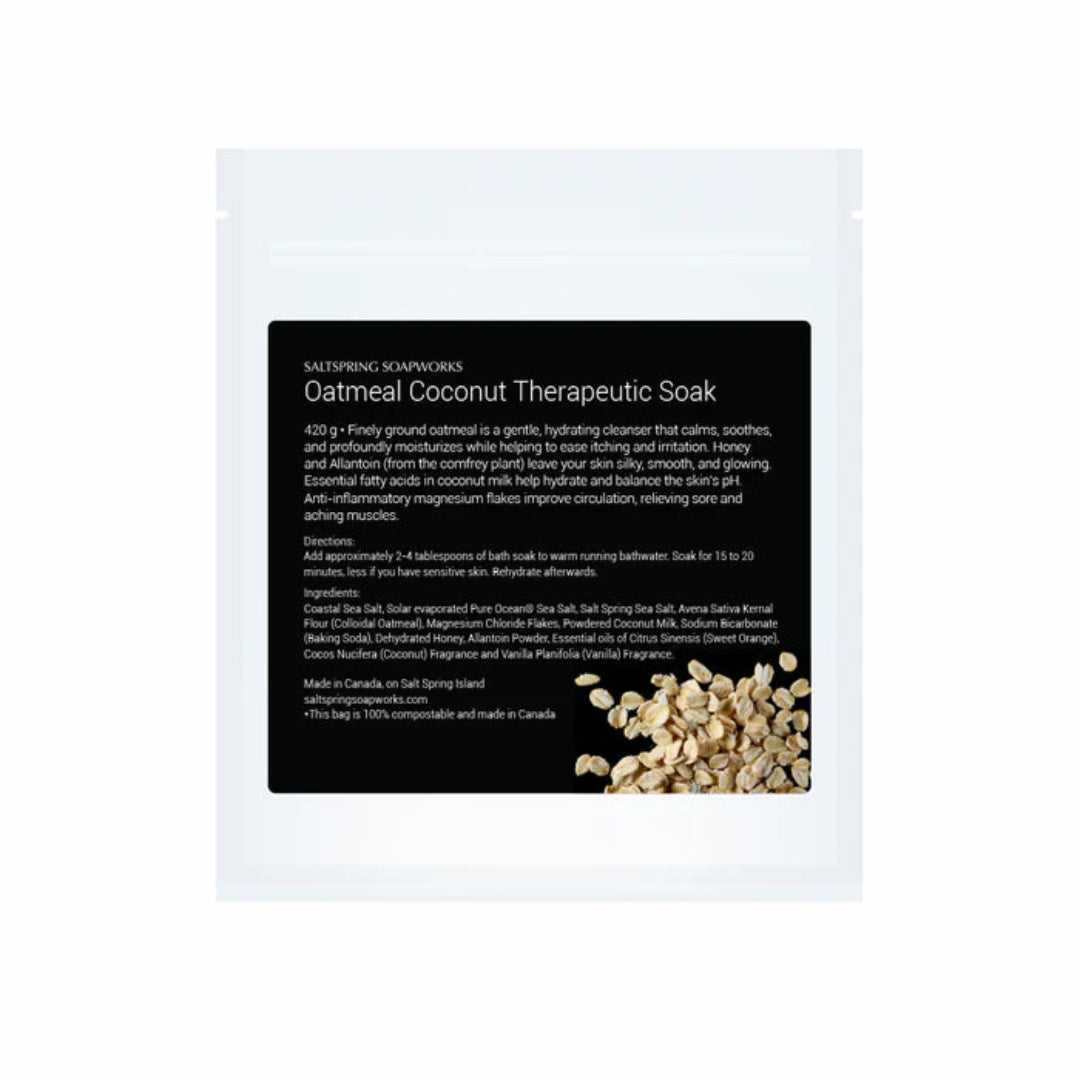 Oatmeal Coconut Therapeutic Soak packaging with text and oatmeal image on a white background