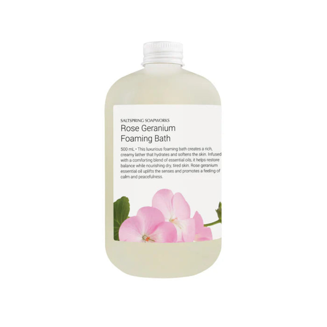 Rose Geranium Foaming Bath bottle with floral design on a white background