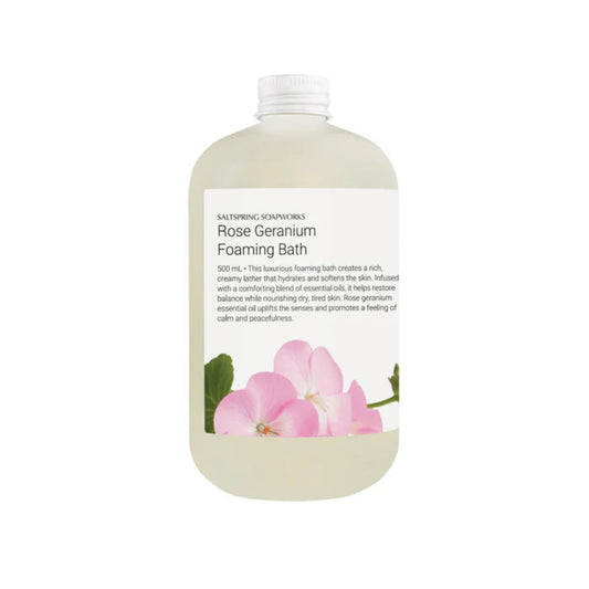 Rose Geranium Foaming Bath bottle with floral design on a white background