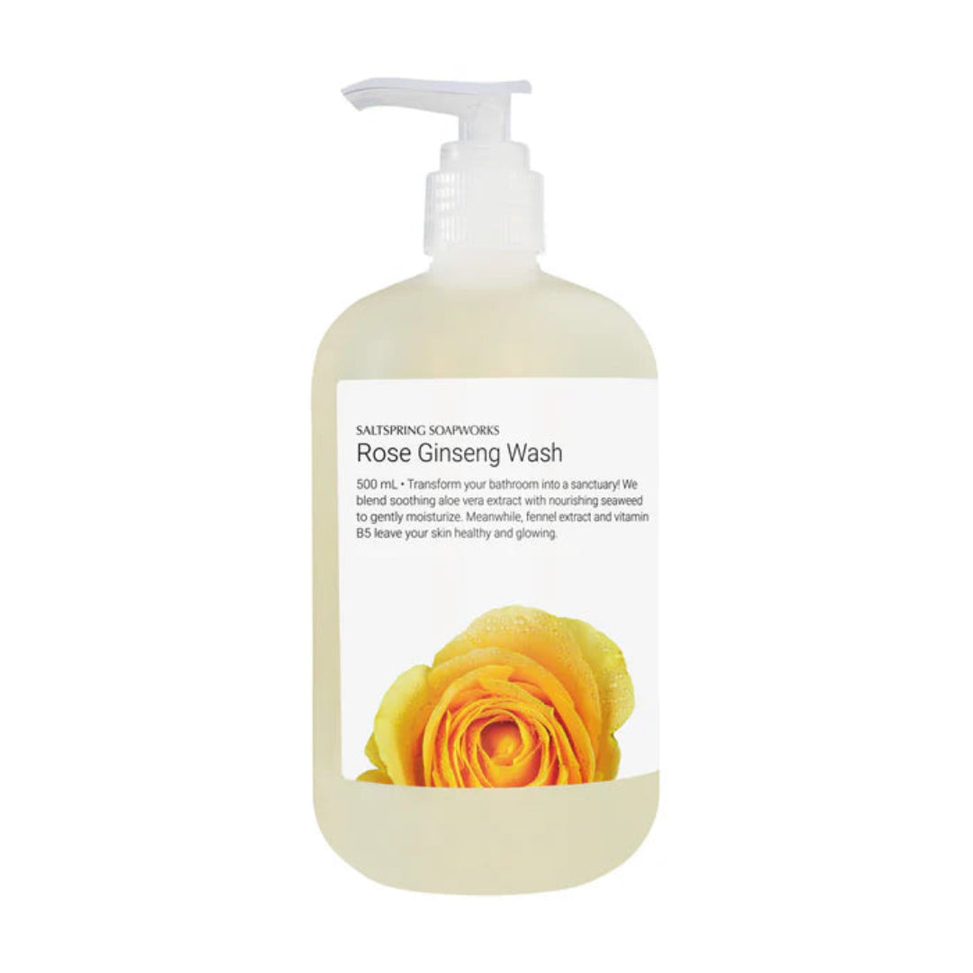 Rose Ginseng Wash bottle with a yellow rose on a white background