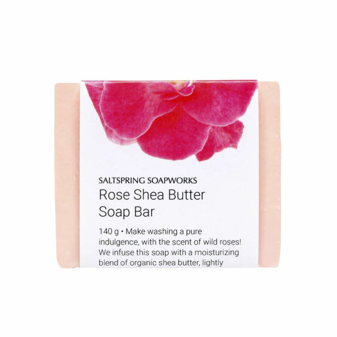 Rose Shea Butter Soap Bar packaging with pink rose design on a white background