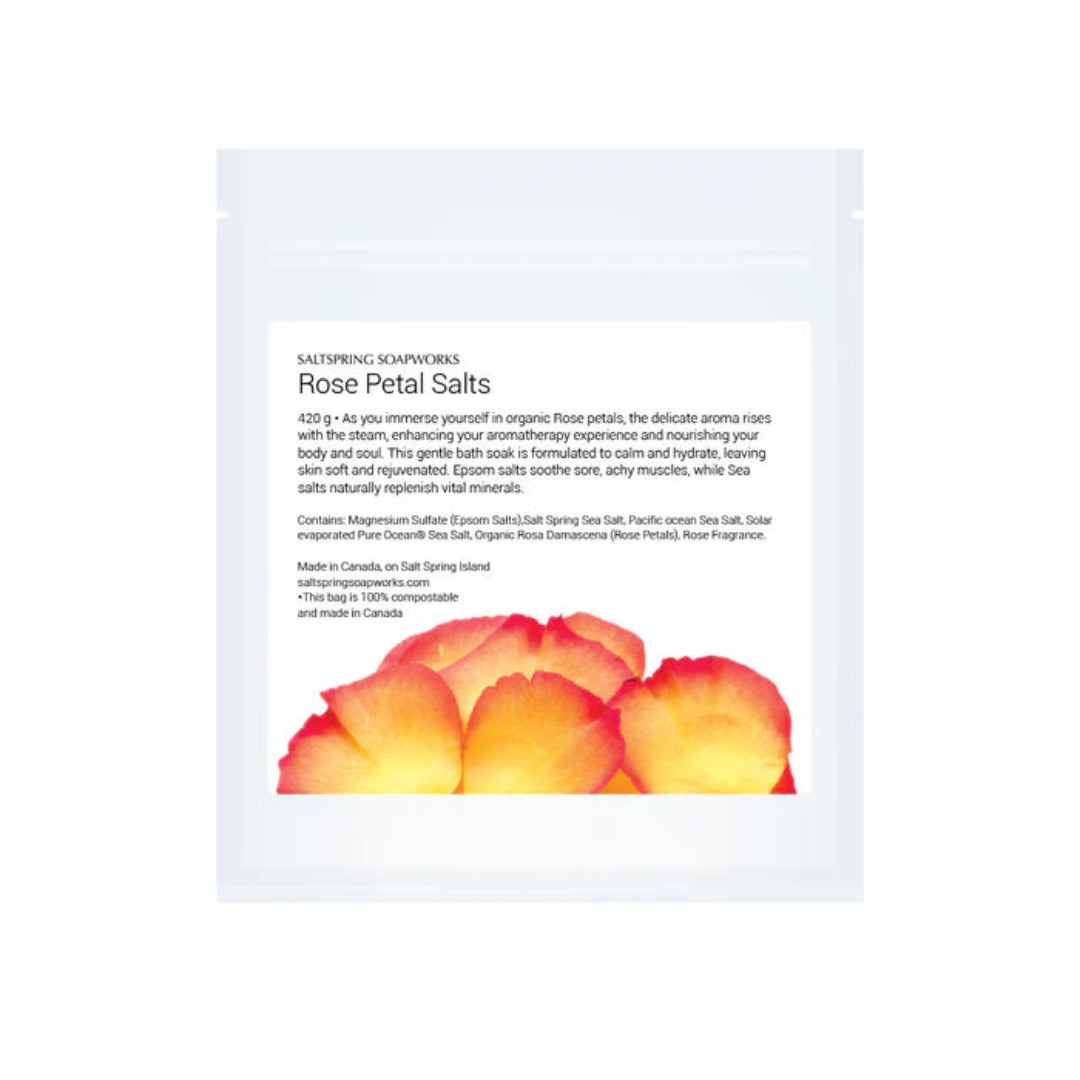 Product packaging with rose petal design and text on a white background