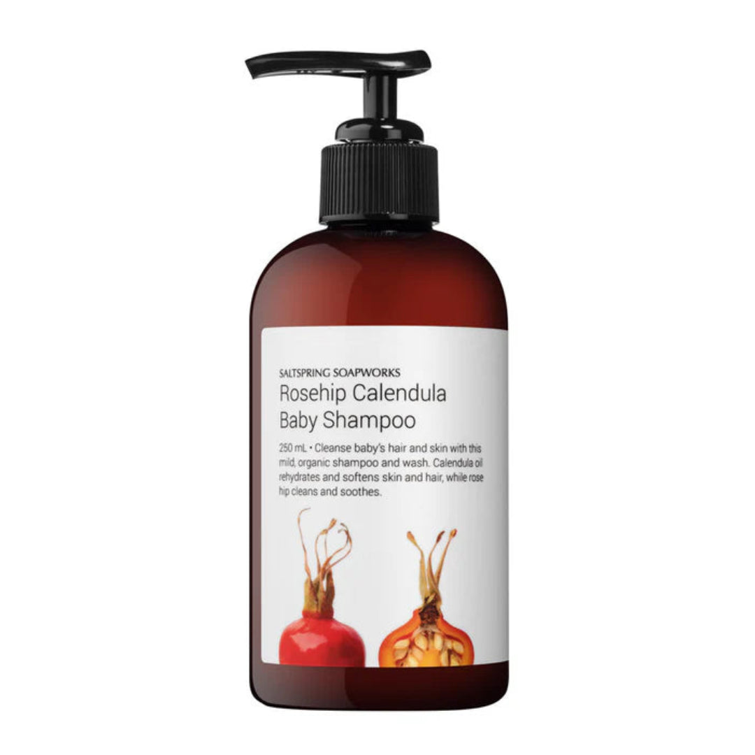Baby shampoo bottle with a white label on a white background