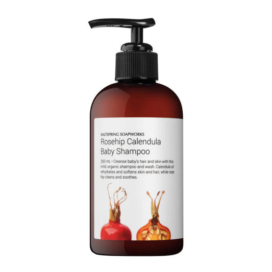Baby shampoo bottle with a white label on a white background