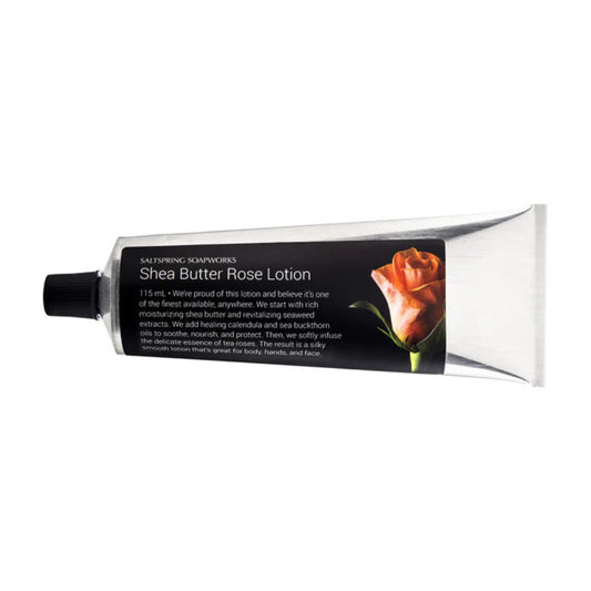 Shea Butter Rose Lotion tube with a rose illustration on a white background