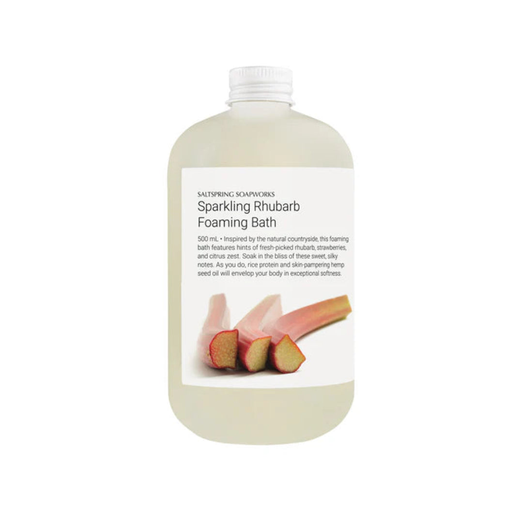 Bottle of Sparkling Rhubarb Foaming Bath with rhubarb illustration on label