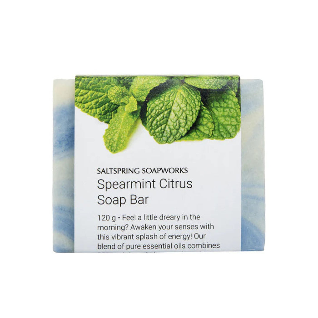 Spearmint Citrus soap bar packaging with spearmint leaves on a white background