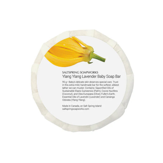 Ylang Ylang Lavender Baby Soap Bar packaging with a yellow flower on a white background